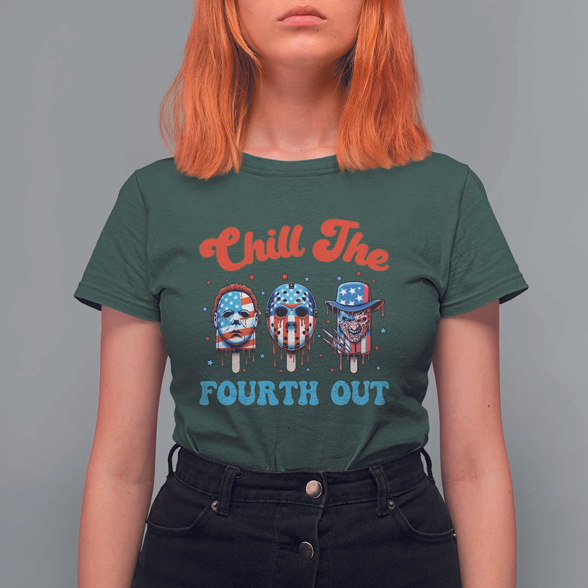 Funny Chill The Fourth Out T Shirt For Women 4th of July Horror Movie Popsicle Mask USA Flag - Wonder Print Shop