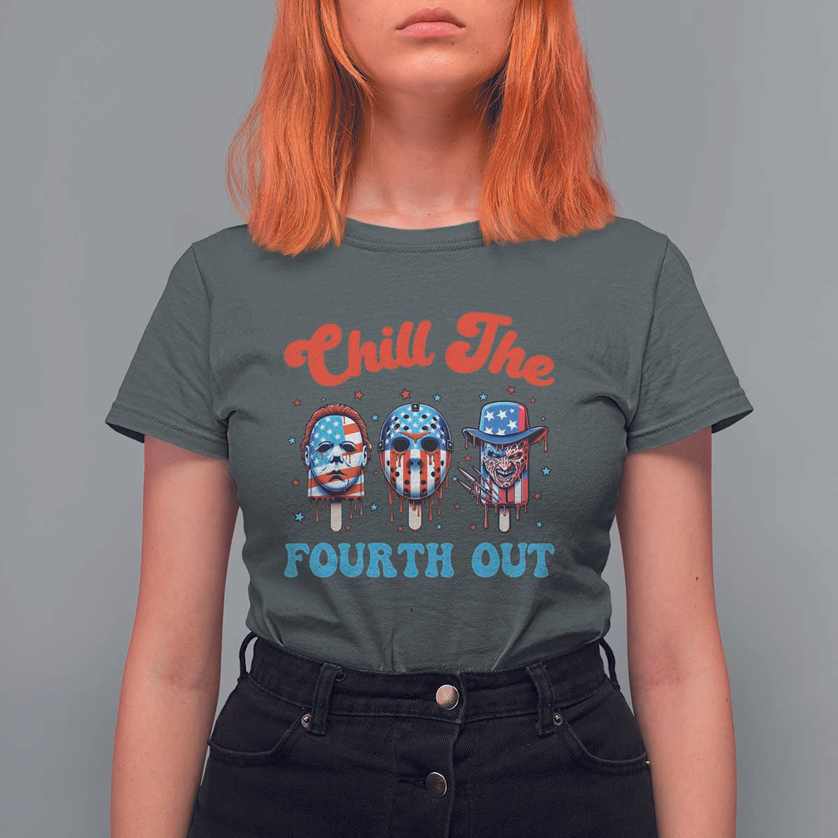 Funny Chill The Fourth Out T Shirt For Women 4th of July Horror Movie Popsicle Mask USA Flag - Wonder Print Shop