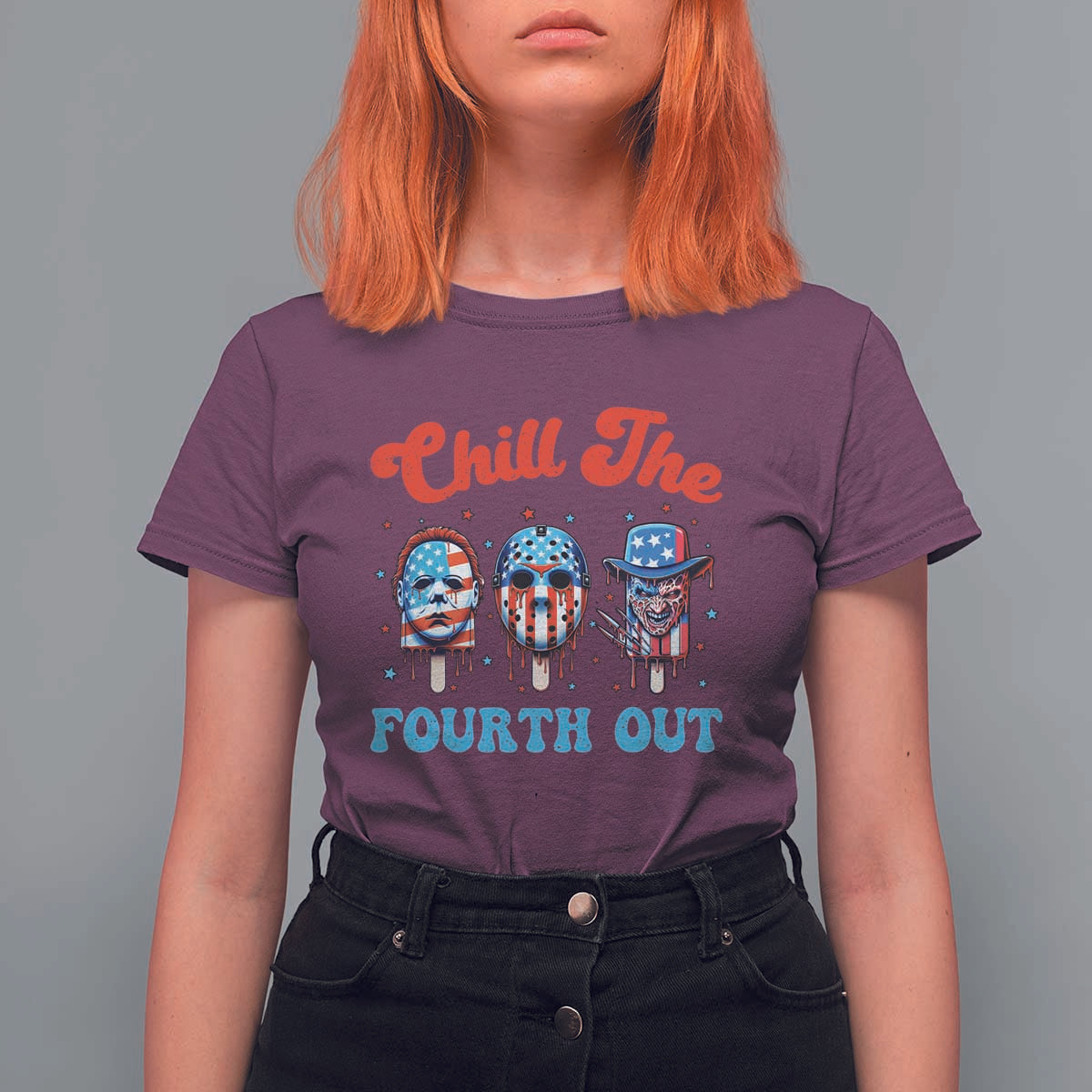 Funny Chill The Fourth Out T Shirt For Women 4th of July Horror Movie Popsicle Mask USA Flag - Wonder Print Shop