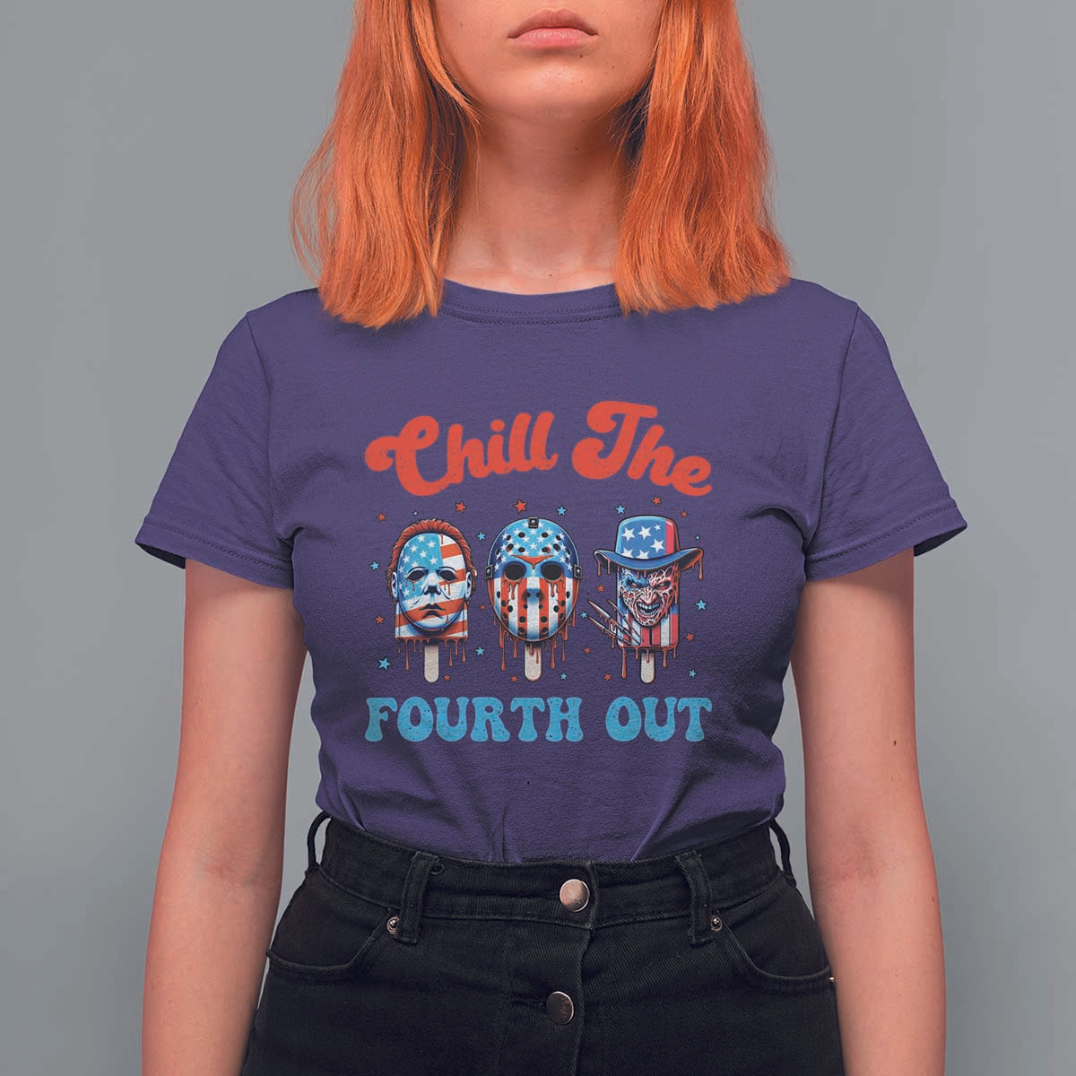 Funny Chill The Fourth Out T Shirt For Women 4th of July Horror Movie Popsicle Mask USA Flag - Wonder Print Shop