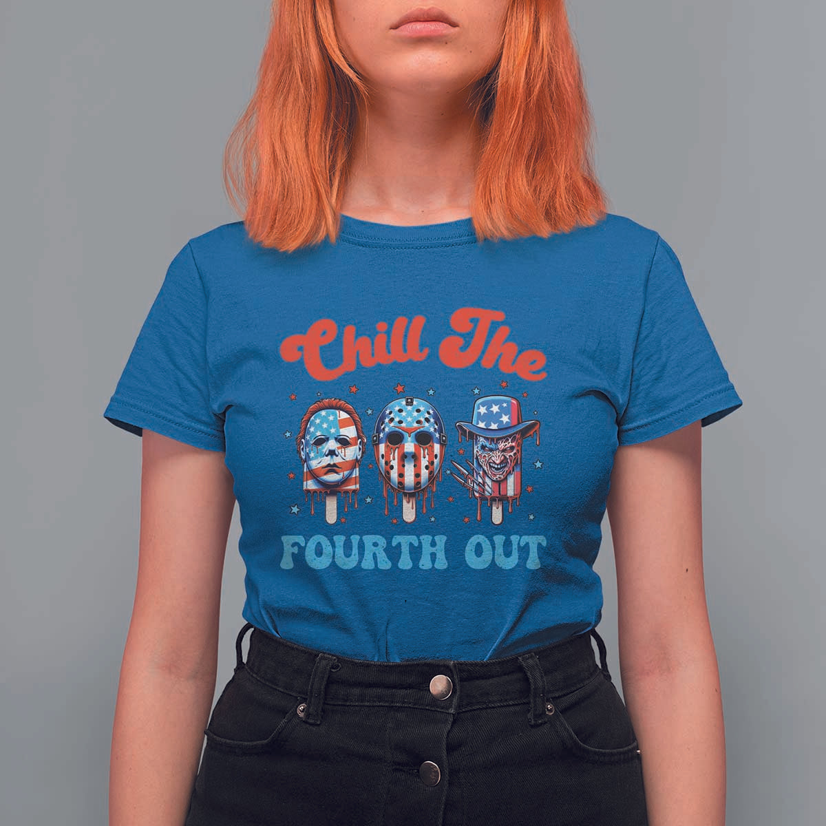 Funny Chill The Fourth Out T Shirt For Women 4th of July Horror Movie Popsicle Mask USA Flag - Wonder Print Shop