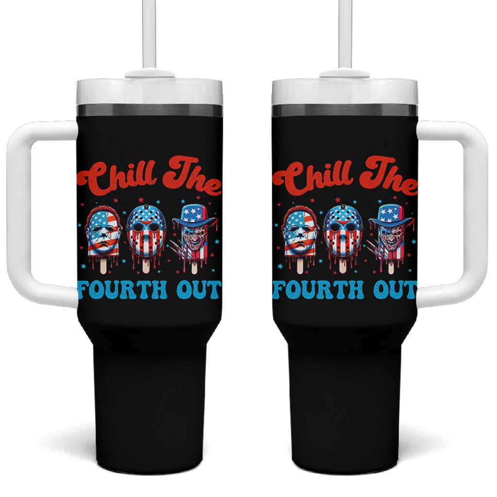 Funny Chill The Fourth Out Tumbler With Handle 4th of July Horror Movie Popsicle Mask USA Flag - Wonder Print Shop
