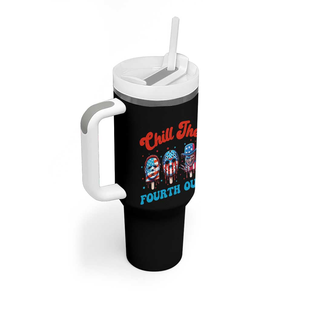 Funny Chill The Fourth Out Tumbler With Handle 4th of July Horror Movie Popsicle Mask USA Flag - Wonder Print Shop