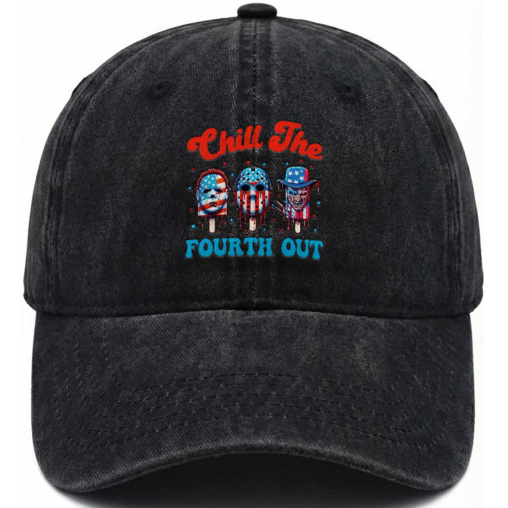 Funny Chill The Fourth Out Washed Cotton Baseball Cap 4th of July Horror Movie Popsicle Mask USA Flag