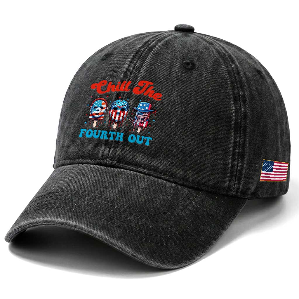 Funny Chill The Fourth Out Washed Cotton Baseball Cap 4th of July Horror Movie Popsicle Mask USA Flag