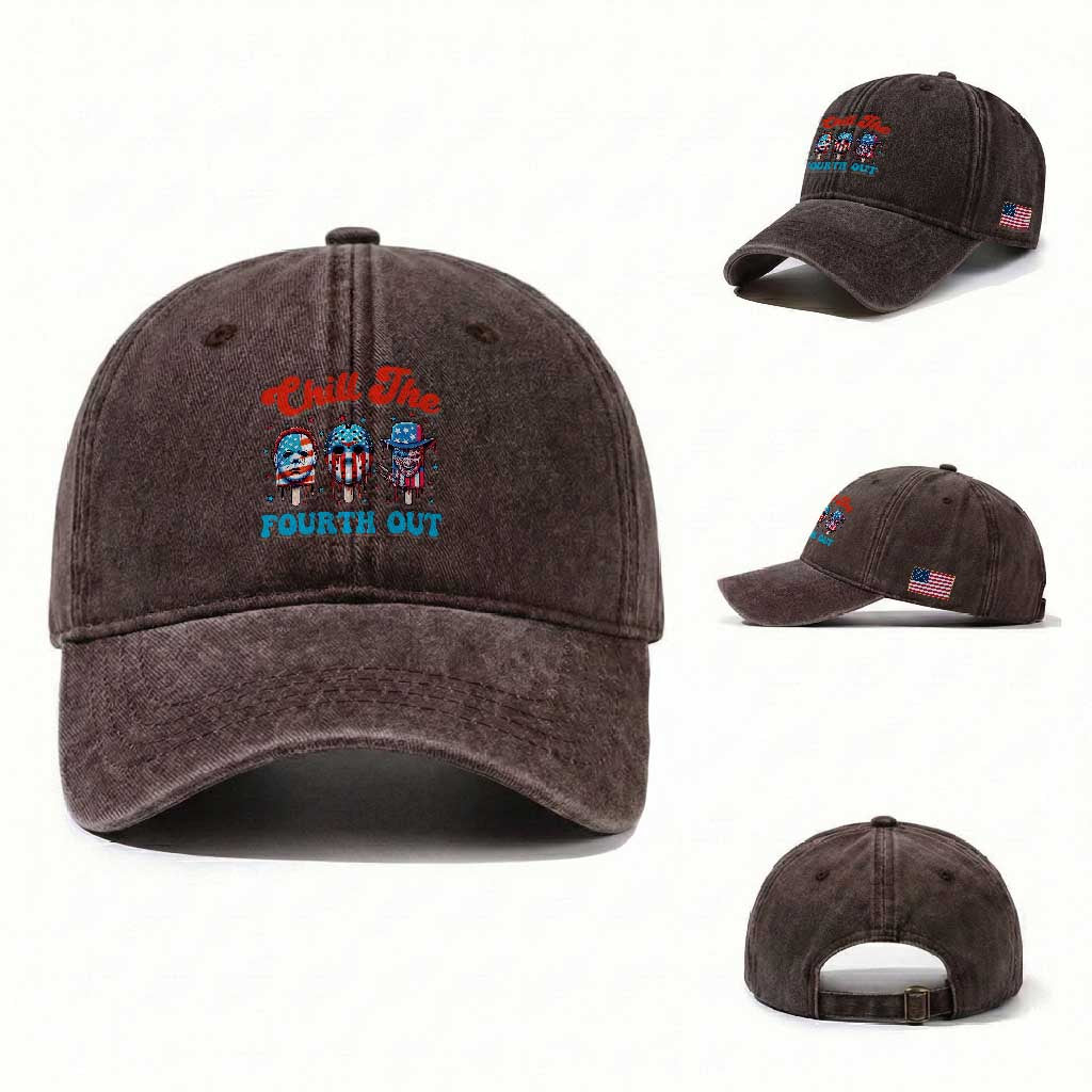 Funny Chill The Fourth Out Washed Cotton Baseball Cap 4th of July Horror Movie Popsicle Mask USA Flag