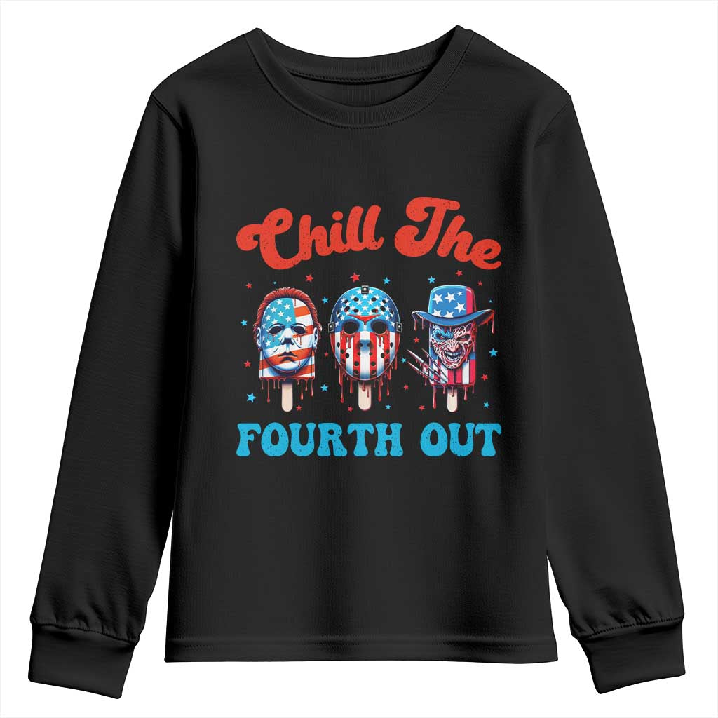 Funny Chill The Fourth Out Youth Sweatshirt 4th of July Horror Movie Popsicle Mask USA Flag - Wonder Print Shop