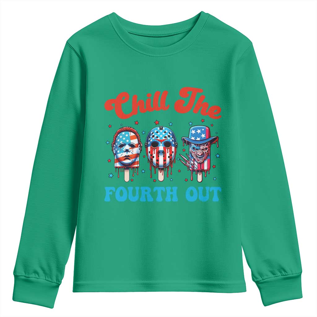 Funny Chill The Fourth Out Youth Sweatshirt 4th of July Horror Movie Popsicle Mask USA Flag - Wonder Print Shop