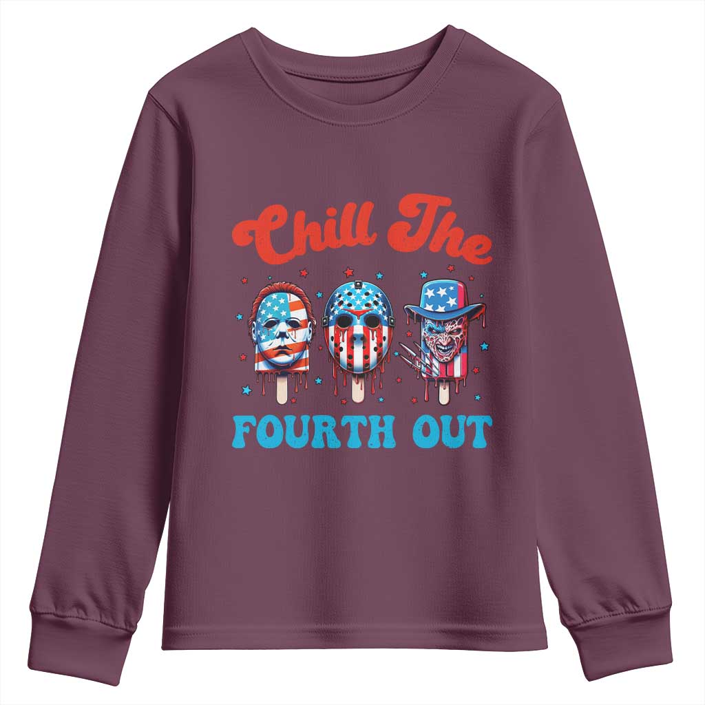 Funny Chill The Fourth Out Youth Sweatshirt 4th of July Horror Movie Popsicle Mask USA Flag - Wonder Print Shop