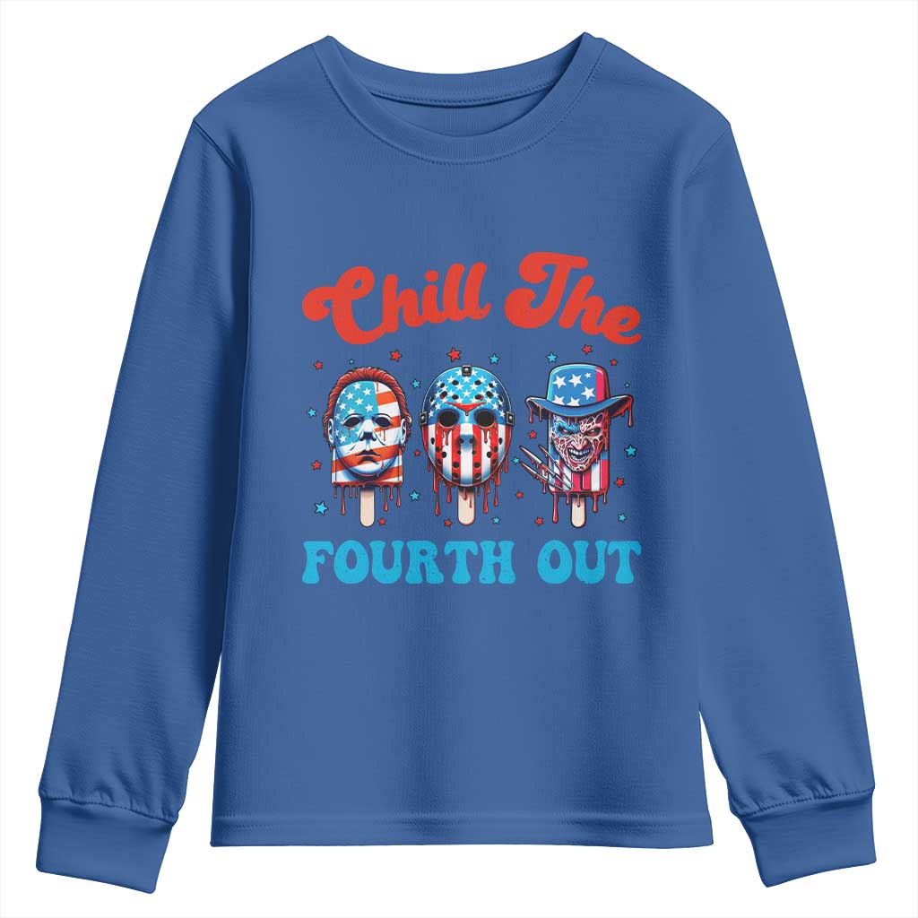 Funny Chill The Fourth Out Youth Sweatshirt 4th of July Horror Movie Popsicle Mask USA Flag - Wonder Print Shop