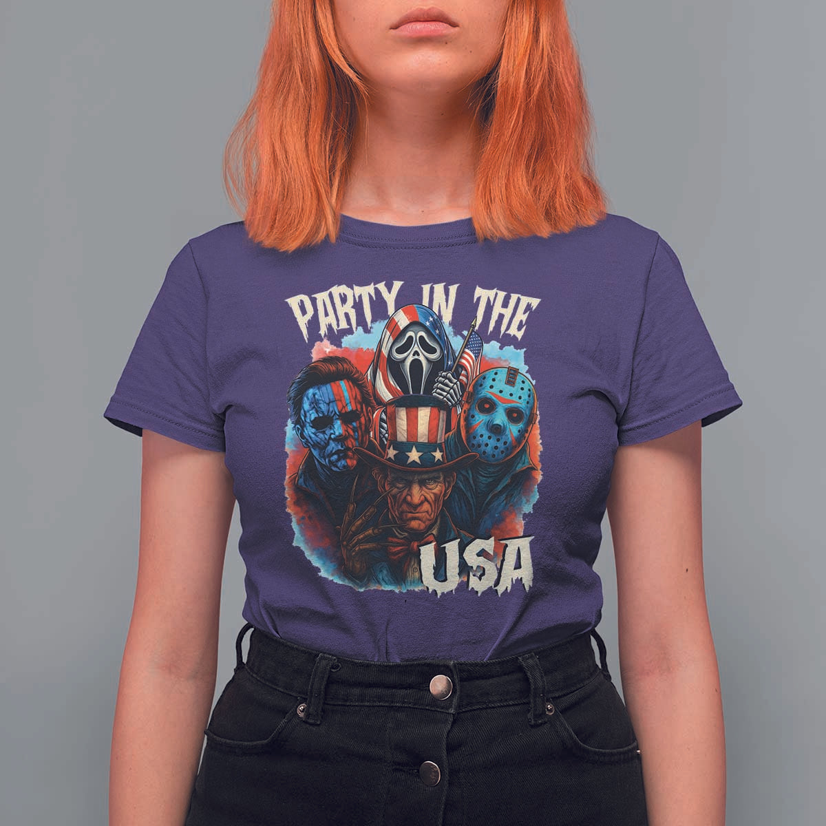 Funny Creepy 4th Of July Party In The USA T Shirt For Women 4th Of July Horror Movie Independence Day - Wonder Print Shop