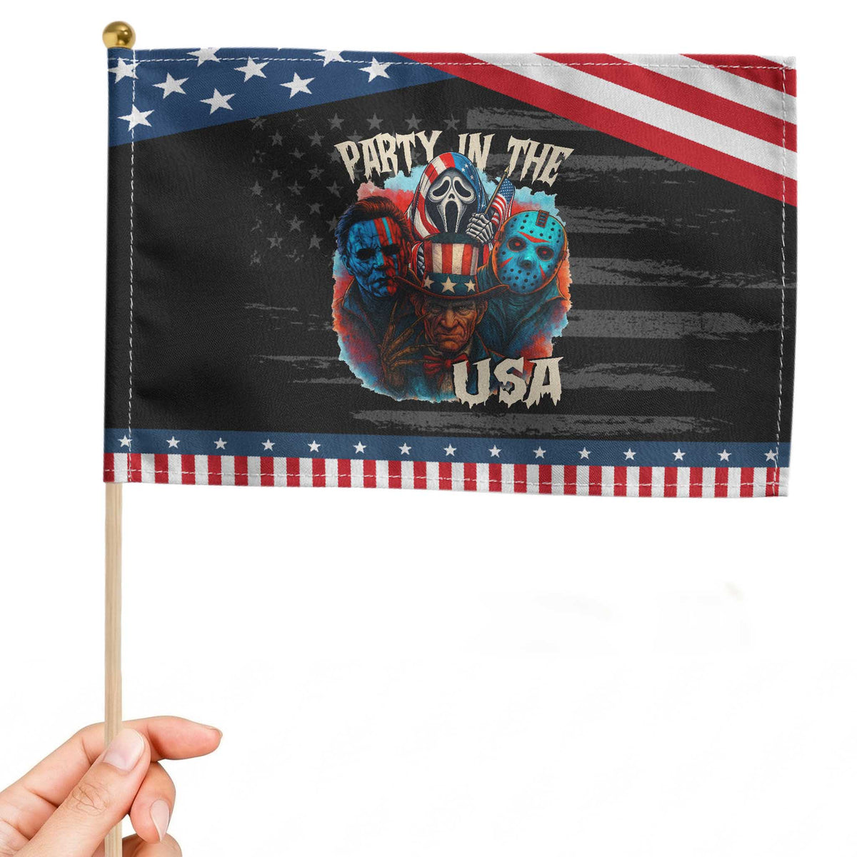 Funny Creepy 4th Of July Party In The USA Patriotic Handheld Flag 4th Of July Horror Movie Independence Day