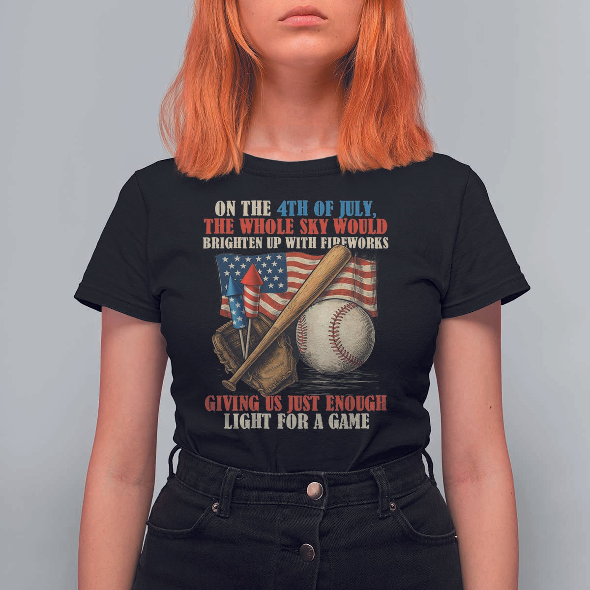 Funny 4th Of July Baseball T Shirt For Women The Whole Sky Would Brighten Up With Fireworks Giving Us Light For A Game - Wonder Print Shop