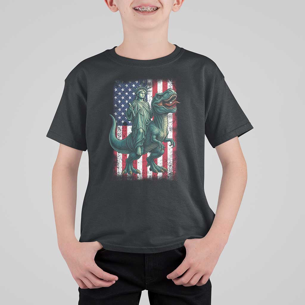 Funny Dinosaur Statue Of Liberty 4th Of July T Shirt For Kid American Flag - Wonder Print Shop
