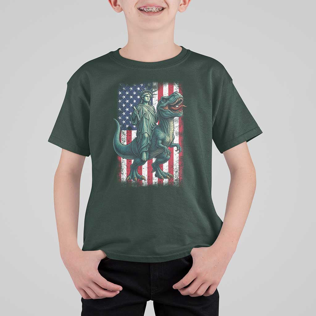 Funny Dinosaur Statue Of Liberty 4th Of July T Shirt For Kid American Flag - Wonder Print Shop