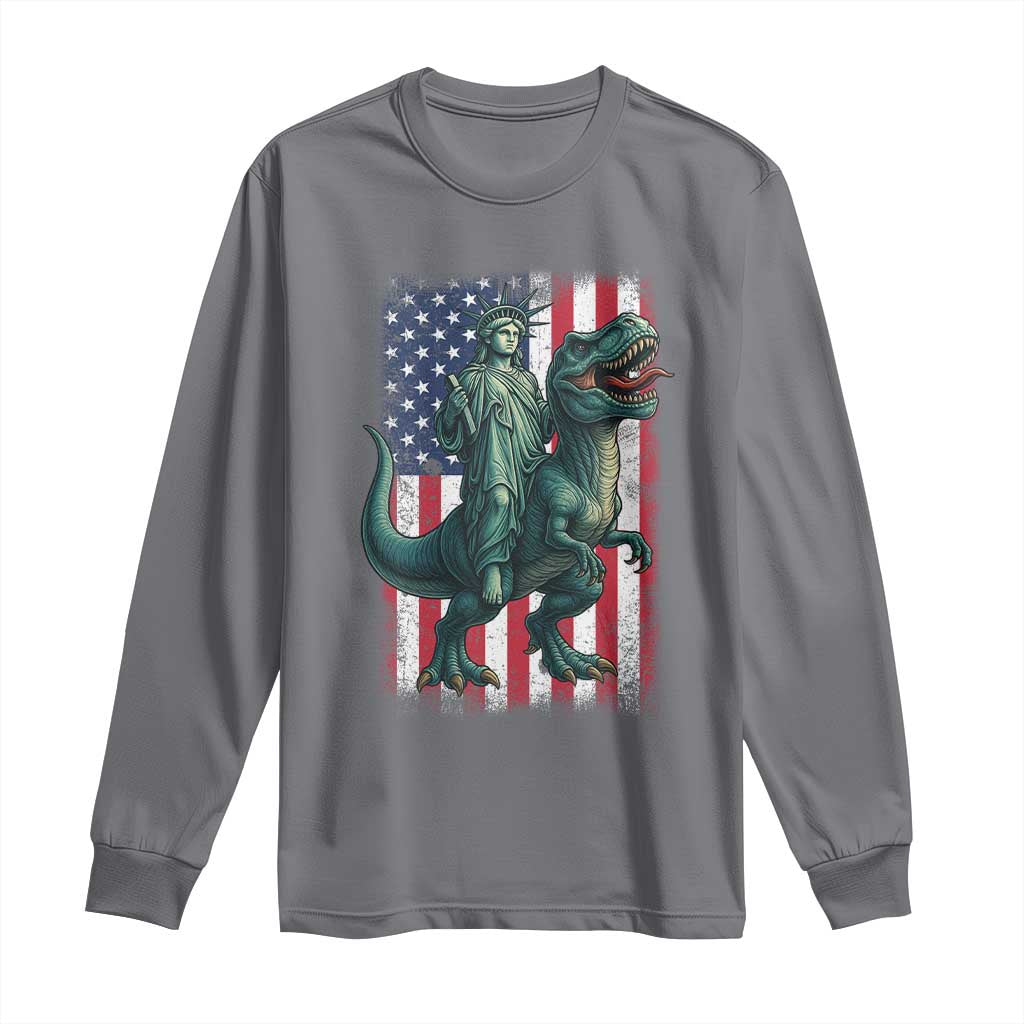 Funny Dinosaur Statue Of Liberty 4th Of July Long Sleeve Shirt American Flag - Wonder Print Shop