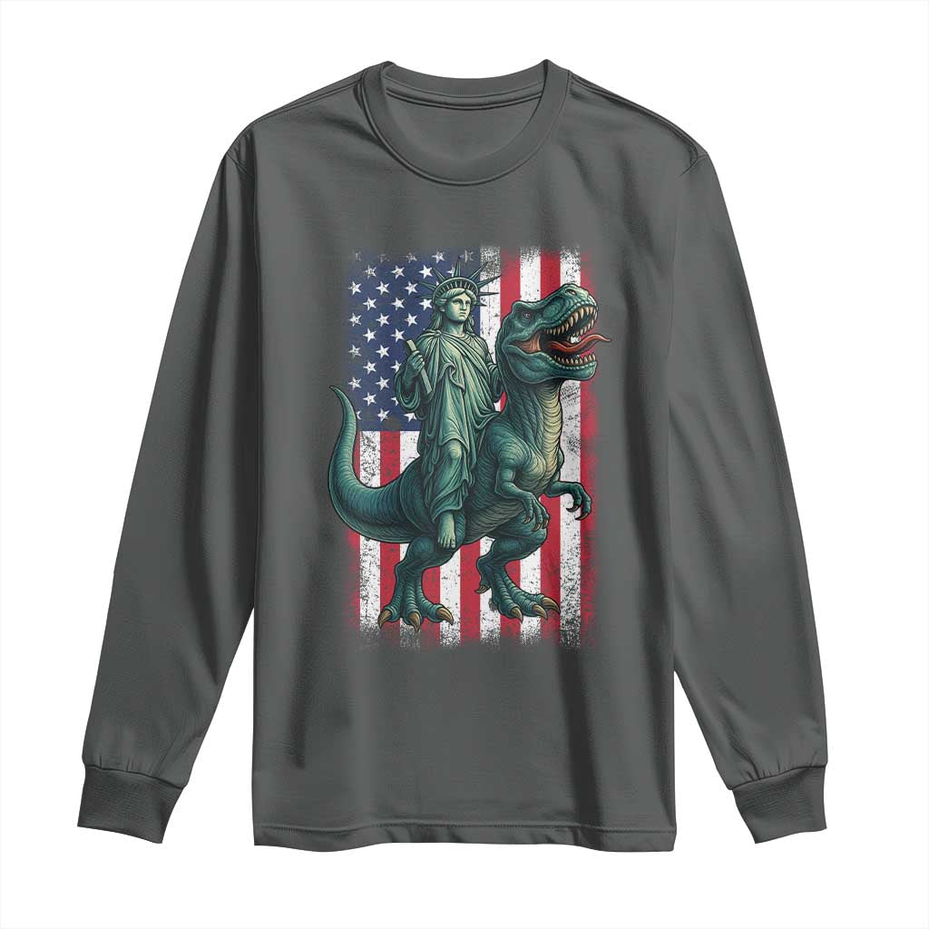 Funny Dinosaur Statue Of Liberty 4th Of July Long Sleeve Shirt American Flag - Wonder Print Shop