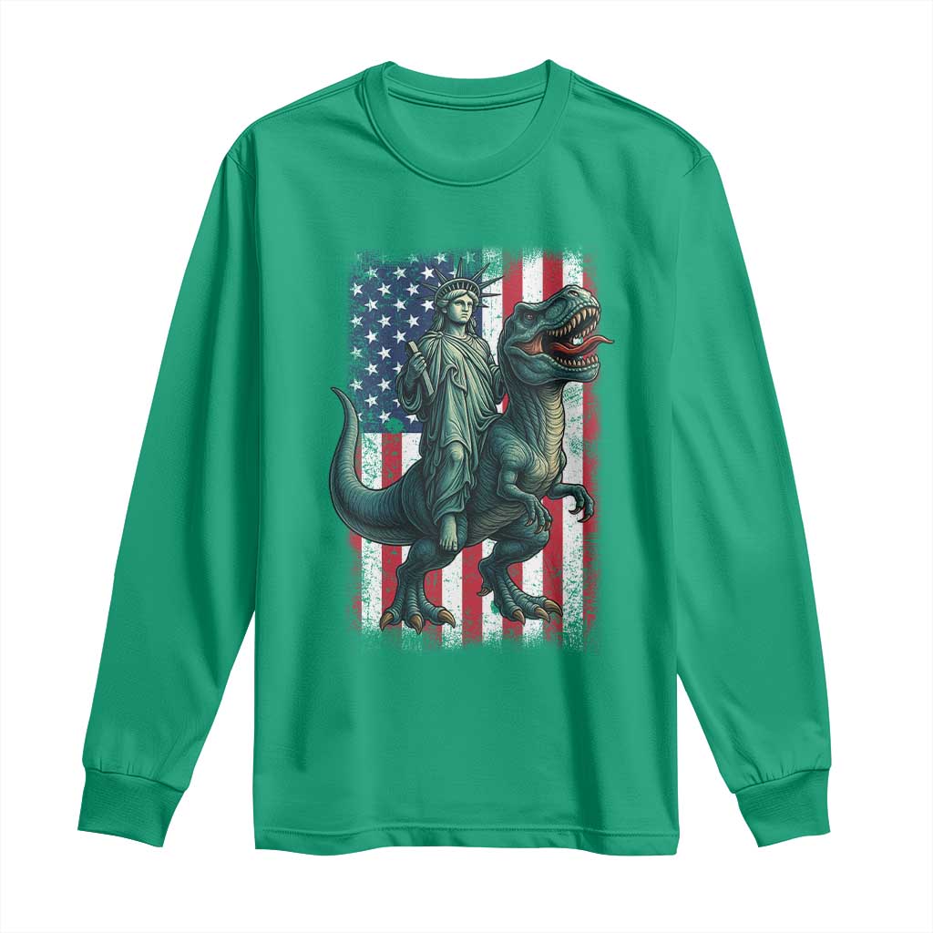 Funny Dinosaur Statue Of Liberty 4th Of July Long Sleeve Shirt American Flag - Wonder Print Shop