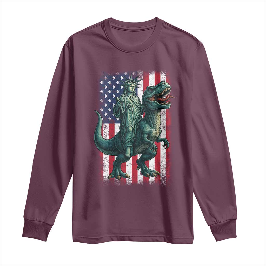 Funny Dinosaur Statue Of Liberty 4th Of July Long Sleeve Shirt American Flag - Wonder Print Shop