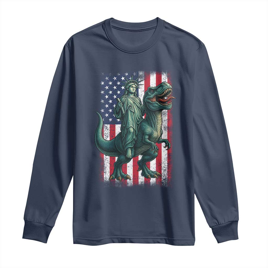 Funny Dinosaur Statue Of Liberty 4th Of July Long Sleeve Shirt American Flag - Wonder Print Shop
