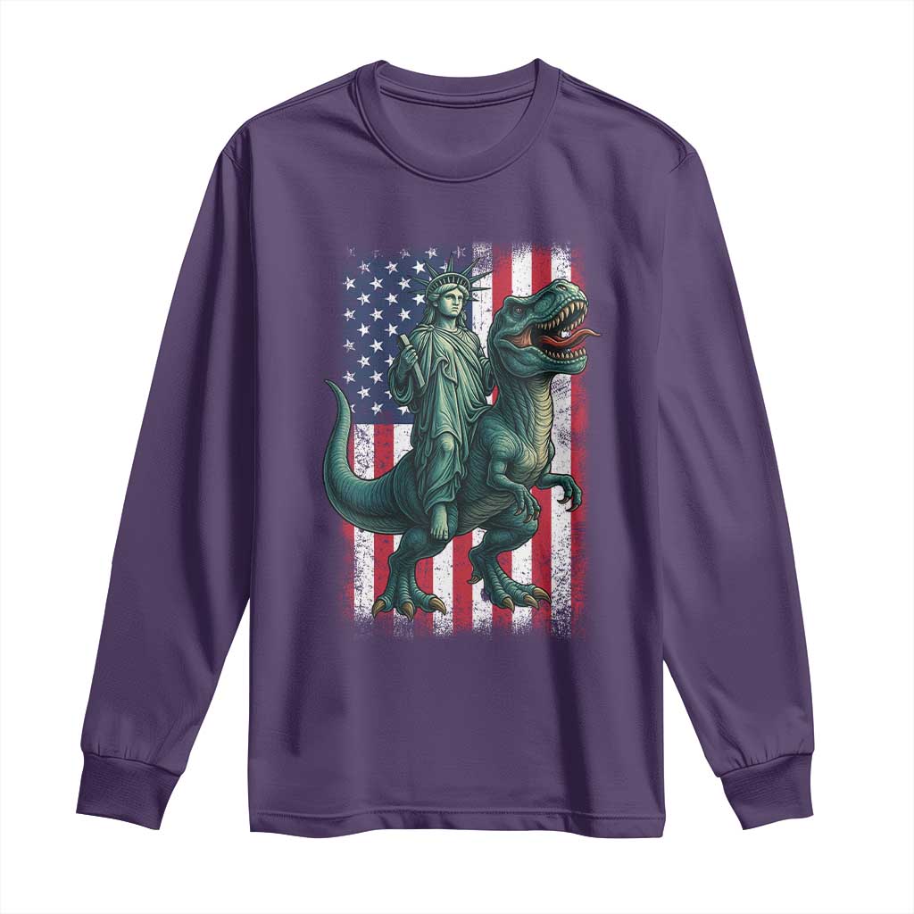 Funny Dinosaur Statue Of Liberty 4th Of July Long Sleeve Shirt American Flag - Wonder Print Shop