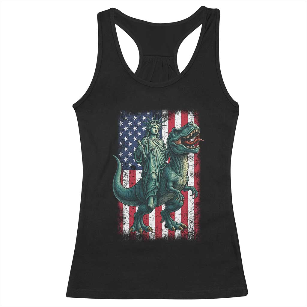 Funny Dinosaur Statue Of Liberty 4th Of July Racerback Tank Top American Flag - Wonder Print Shop