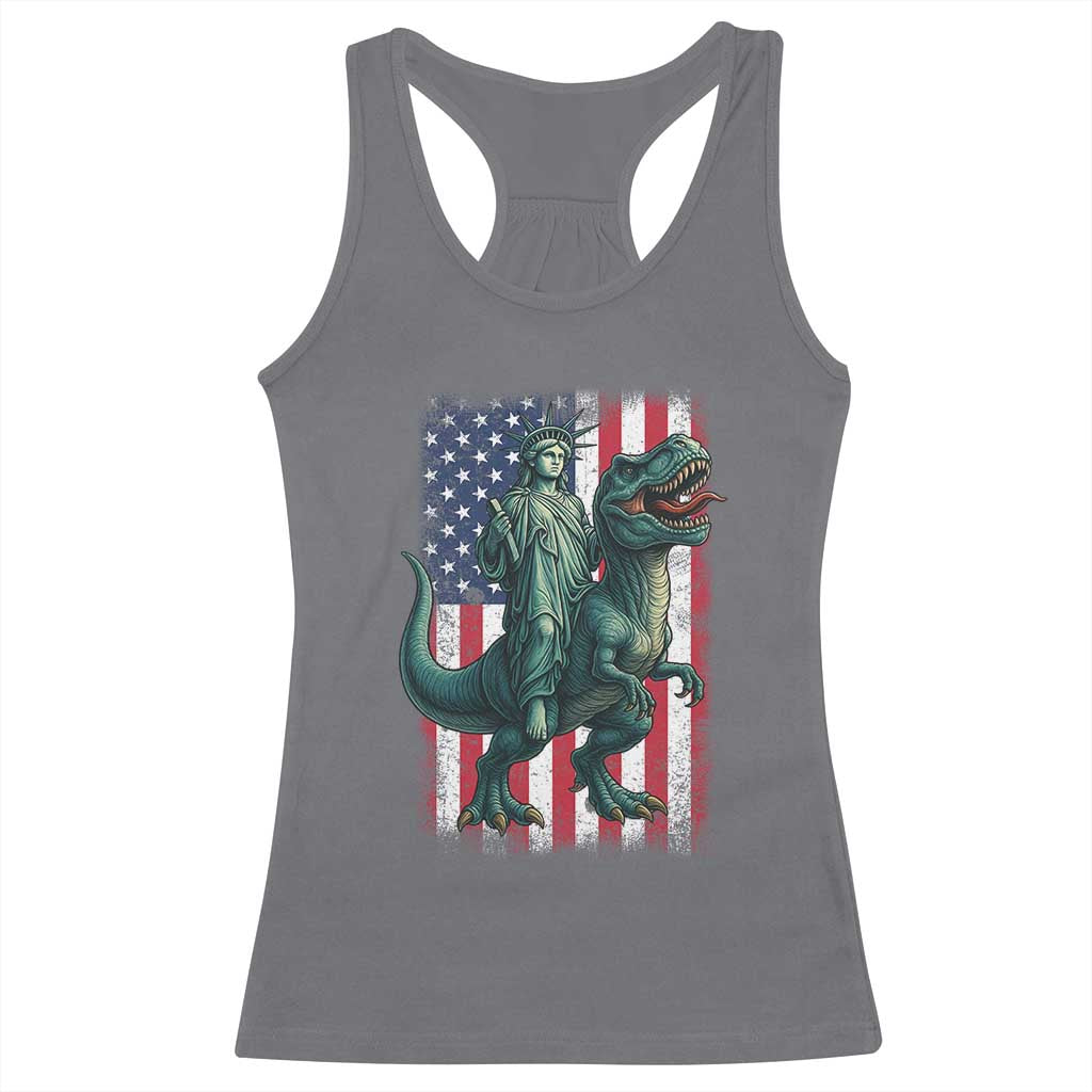 Funny Dinosaur Statue Of Liberty 4th Of July Racerback Tank Top American Flag - Wonder Print Shop
