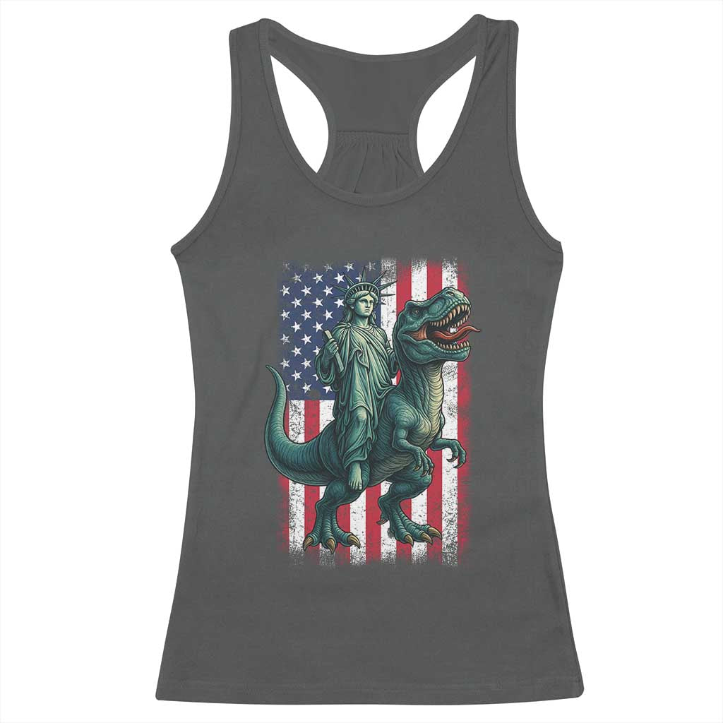 Funny Dinosaur Statue Of Liberty 4th Of July Racerback Tank Top American Flag - Wonder Print Shop
