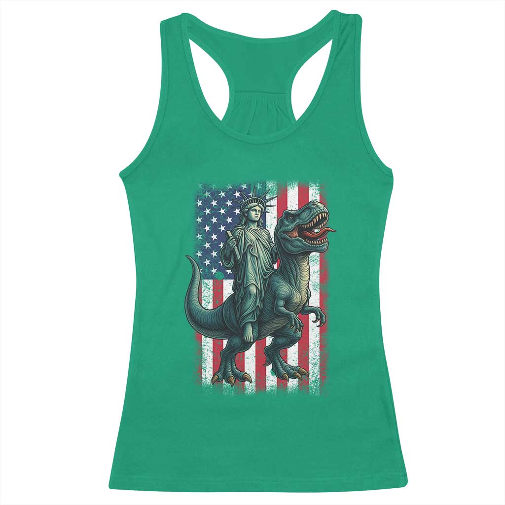 Funny Dinosaur Statue Of Liberty 4th Of July Racerback Tank Top American Flag - Wonder Print Shop