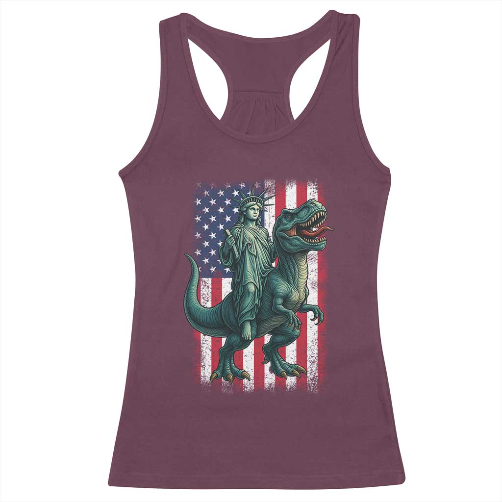 Funny Dinosaur Statue Of Liberty 4th Of July Racerback Tank Top American Flag - Wonder Print Shop