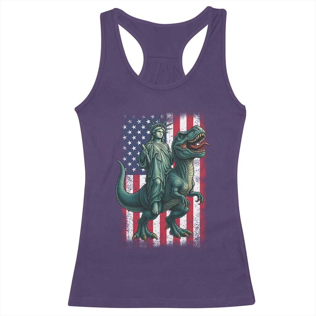 Funny Dinosaur Statue Of Liberty 4th Of July Racerback Tank Top American Flag - Wonder Print Shop