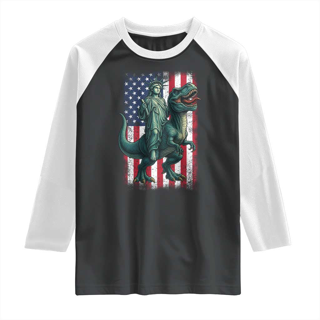 Funny Dinosaur Statue Of Liberty 4th Of July Raglan Shirt American Flag - Wonder Print Shop