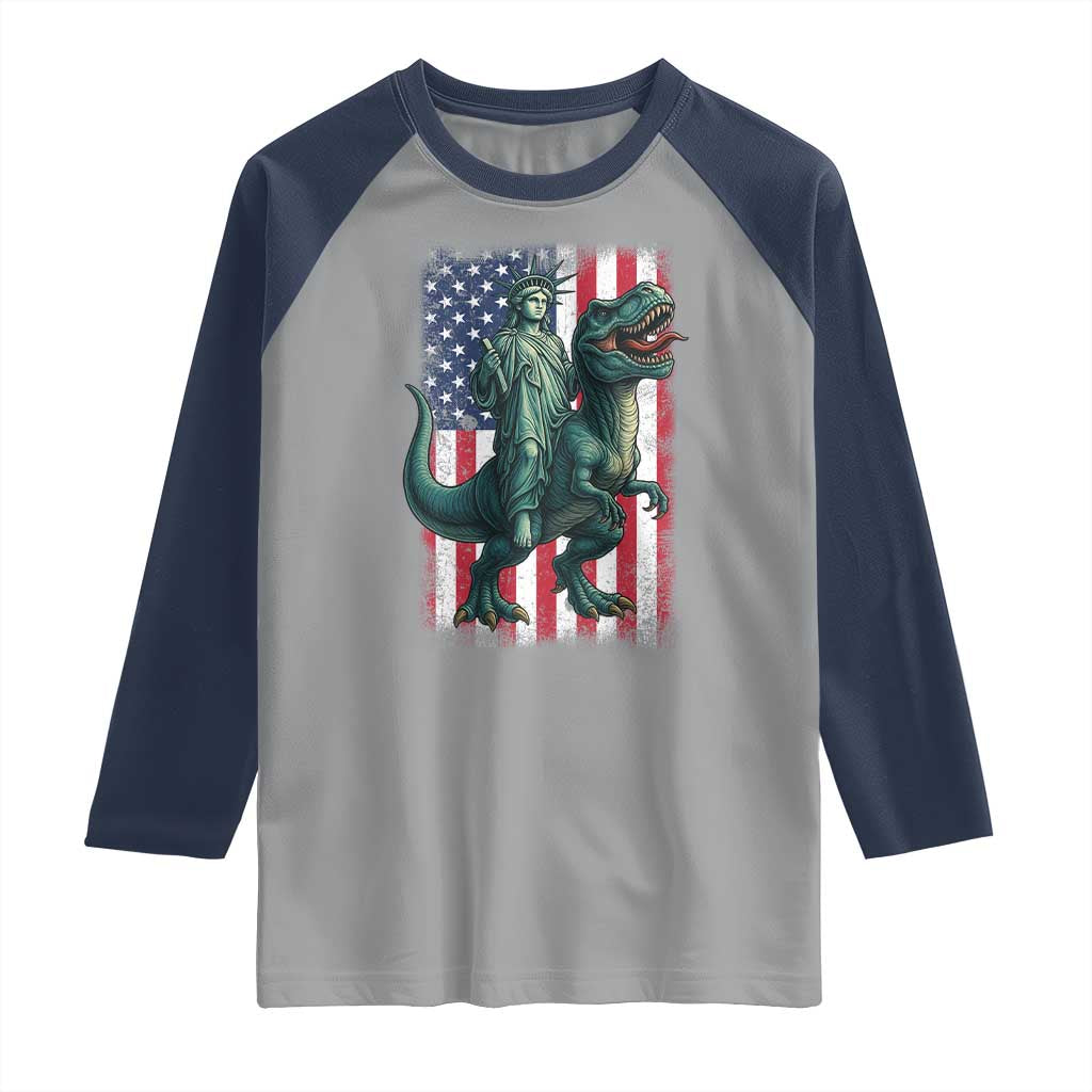 Funny Dinosaur Statue Of Liberty 4th Of July Raglan Shirt American Flag - Wonder Print Shop