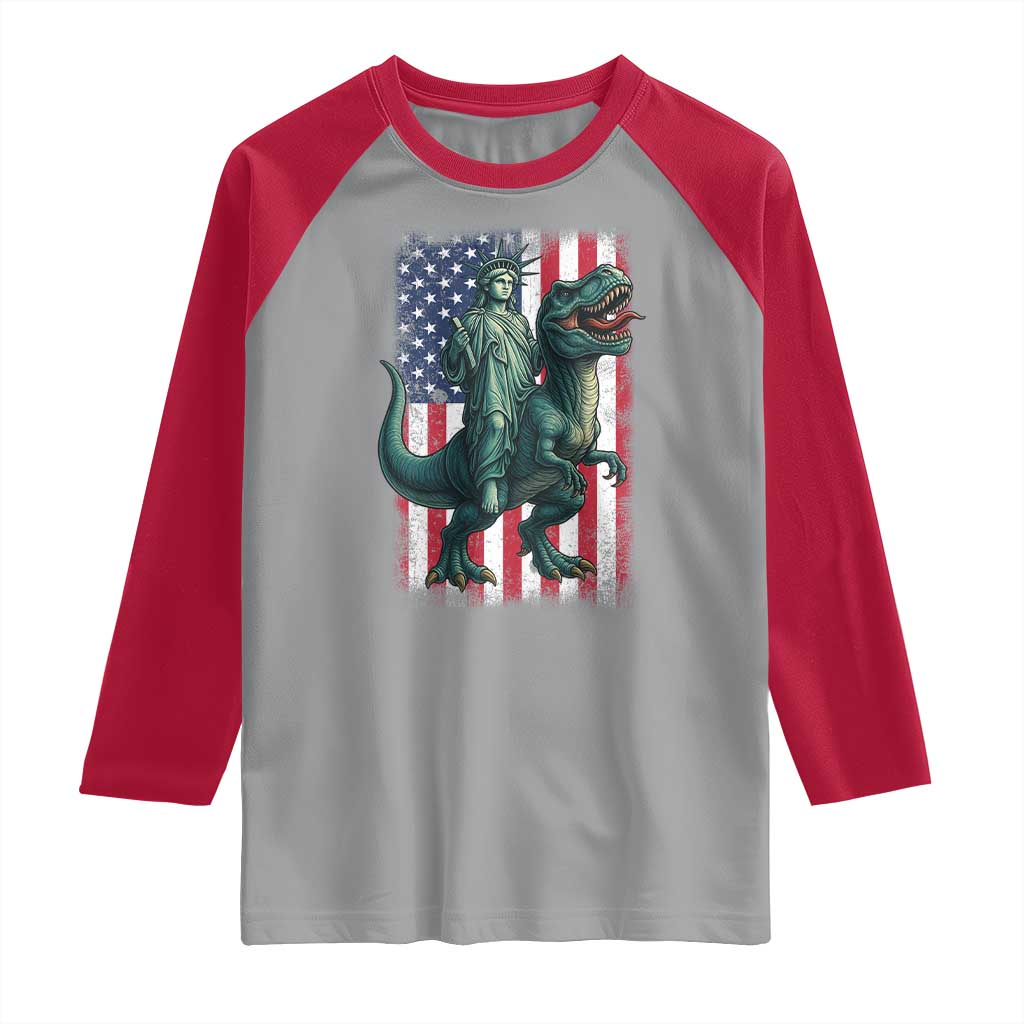 Funny Dinosaur Statue Of Liberty 4th Of July Raglan Shirt American Flag - Wonder Print Shop