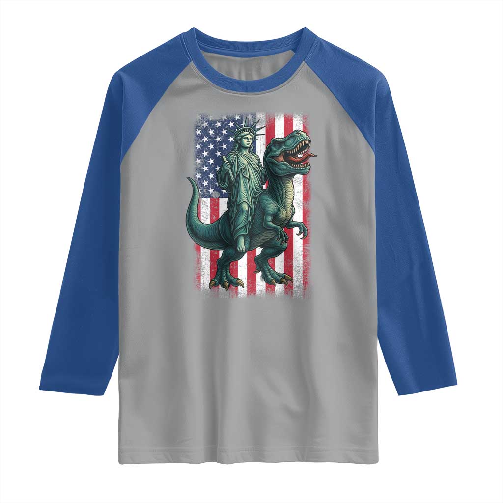 Funny Dinosaur Statue Of Liberty 4th Of July Raglan Shirt American Flag - Wonder Print Shop
