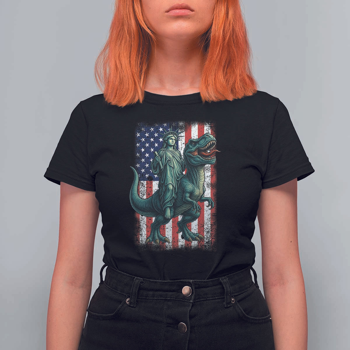 Funny Dinosaur Statue Of Liberty 4th Of July T Shirt For Women American Flag - Wonder Print Shop
