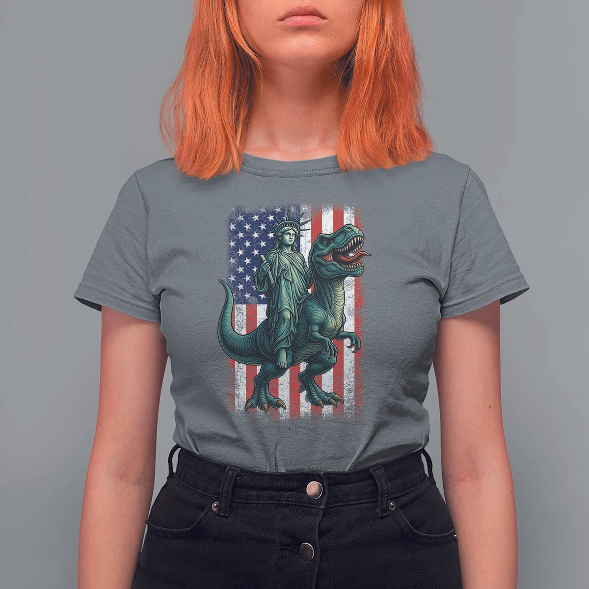 Funny Dinosaur Statue Of Liberty 4th Of July T Shirt For Women American Flag - Wonder Print Shop