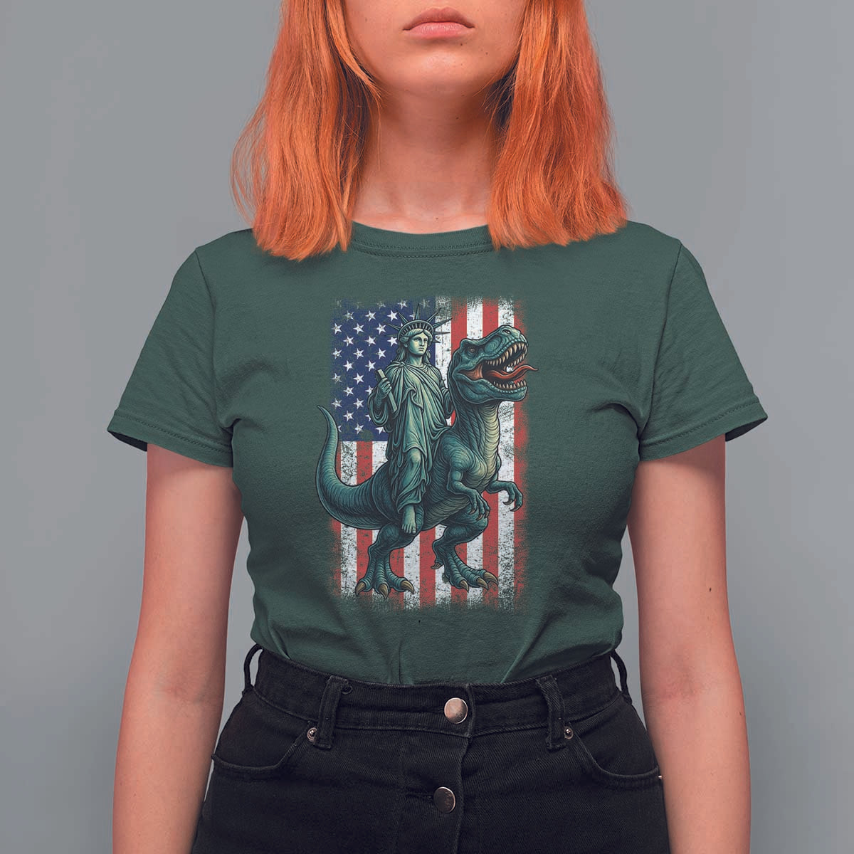 Funny Dinosaur Statue Of Liberty 4th Of July T Shirt For Women American Flag - Wonder Print Shop