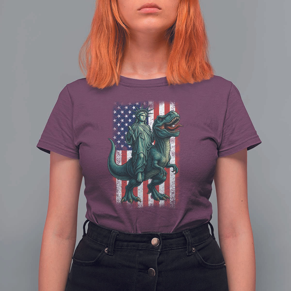 Funny Dinosaur Statue Of Liberty 4th Of July T Shirt For Women American Flag - Wonder Print Shop