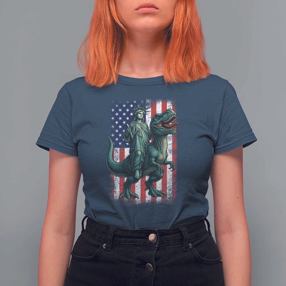 Funny Dinosaur Statue Of Liberty 4th Of July T Shirt For Women American Flag - Wonder Print Shop