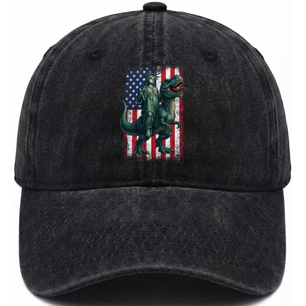 Funny Dinosaur Statue Of Liberty 4th Of July Washed Cotton Baseball Cap American Flag