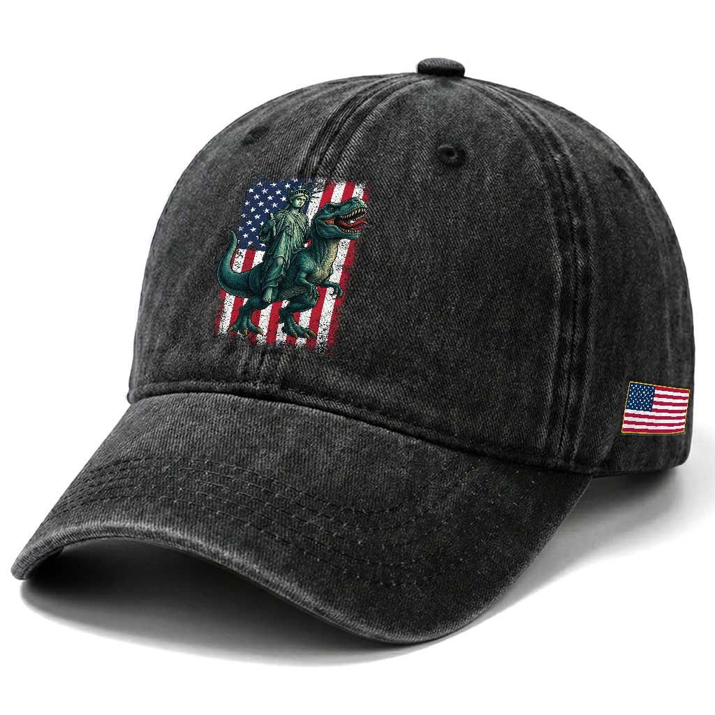 Funny Dinosaur Statue Of Liberty 4th Of July Washed Cotton Baseball Cap American Flag
