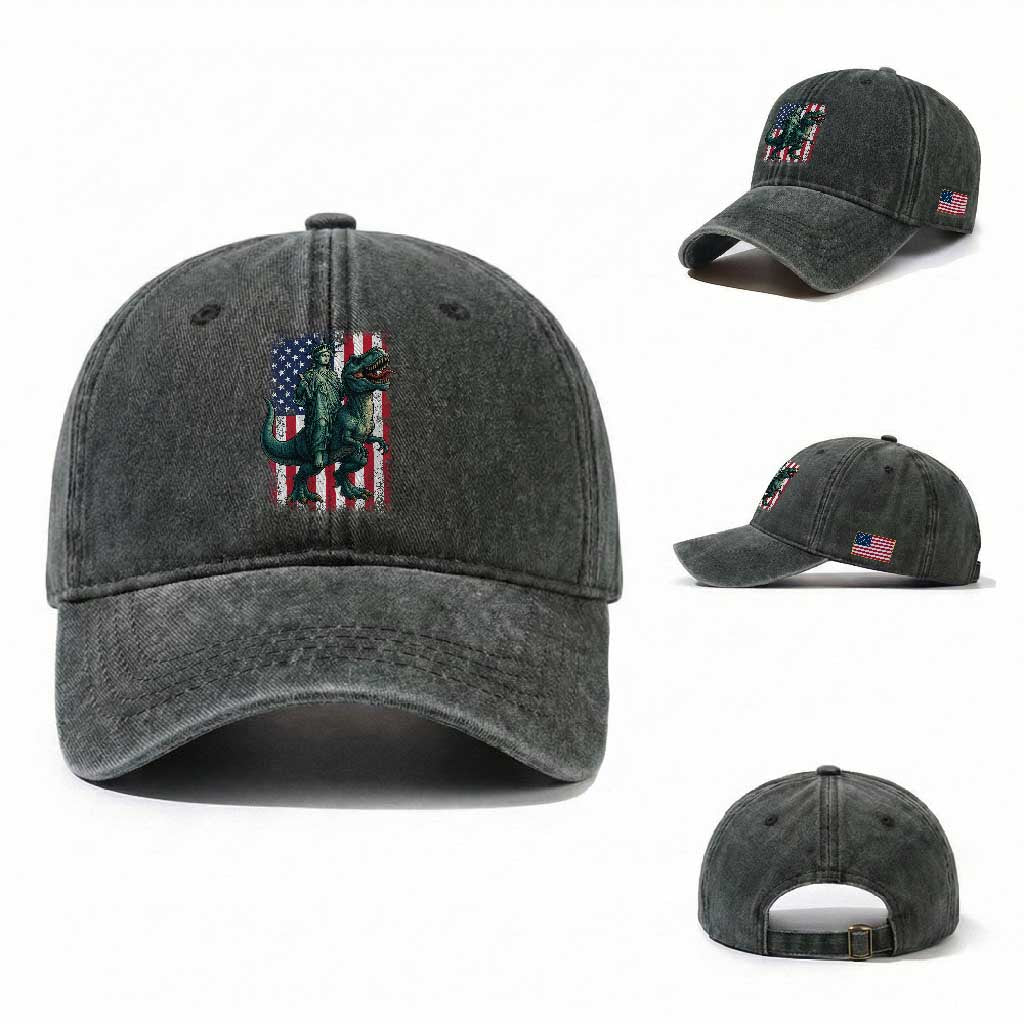 Funny Dinosaur Statue Of Liberty 4th Of July Washed Cotton Baseball Cap American Flag