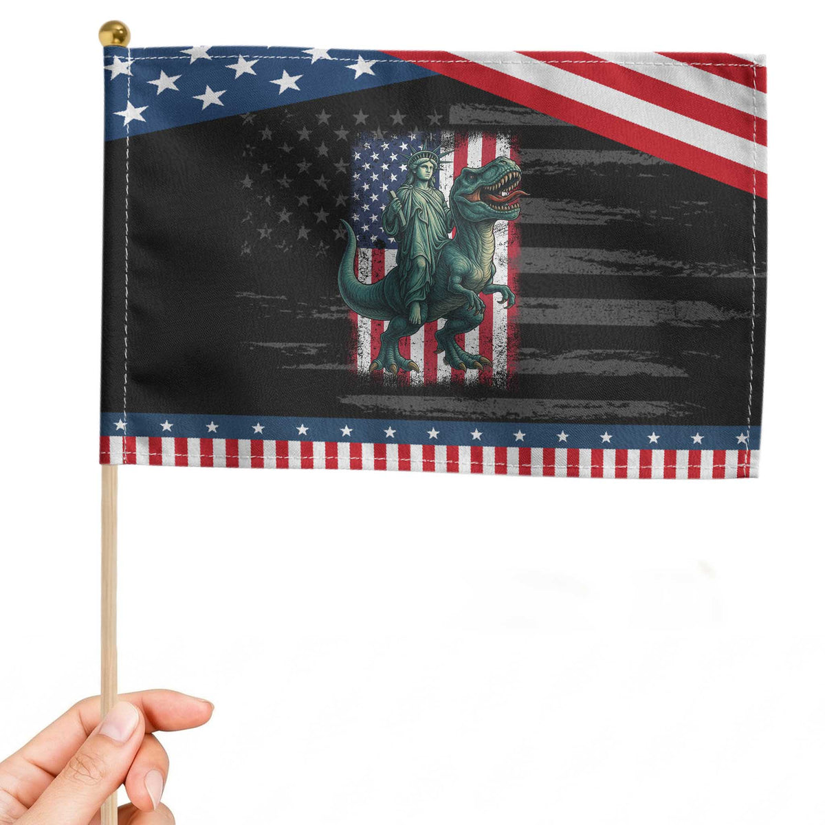 Funny Dinosaur Statue Of Liberty 4th Of July Patriotic Handheld Flag American Flag