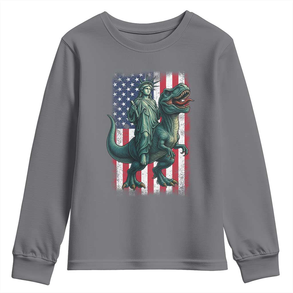 Funny Dinosaur Statue Of Liberty 4th Of July Youth Sweatshirt American Flag - Wonder Print Shop