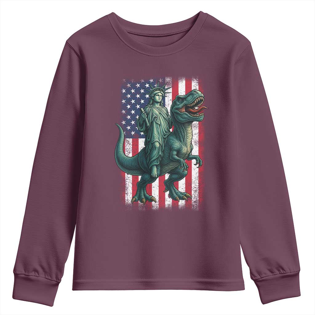 Funny Dinosaur Statue Of Liberty 4th Of July Youth Sweatshirt American Flag - Wonder Print Shop