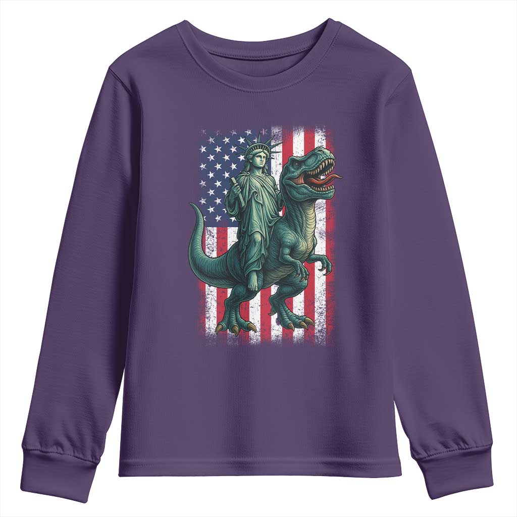 Funny Dinosaur Statue Of Liberty 4th Of July Youth Sweatshirt American Flag - Wonder Print Shop