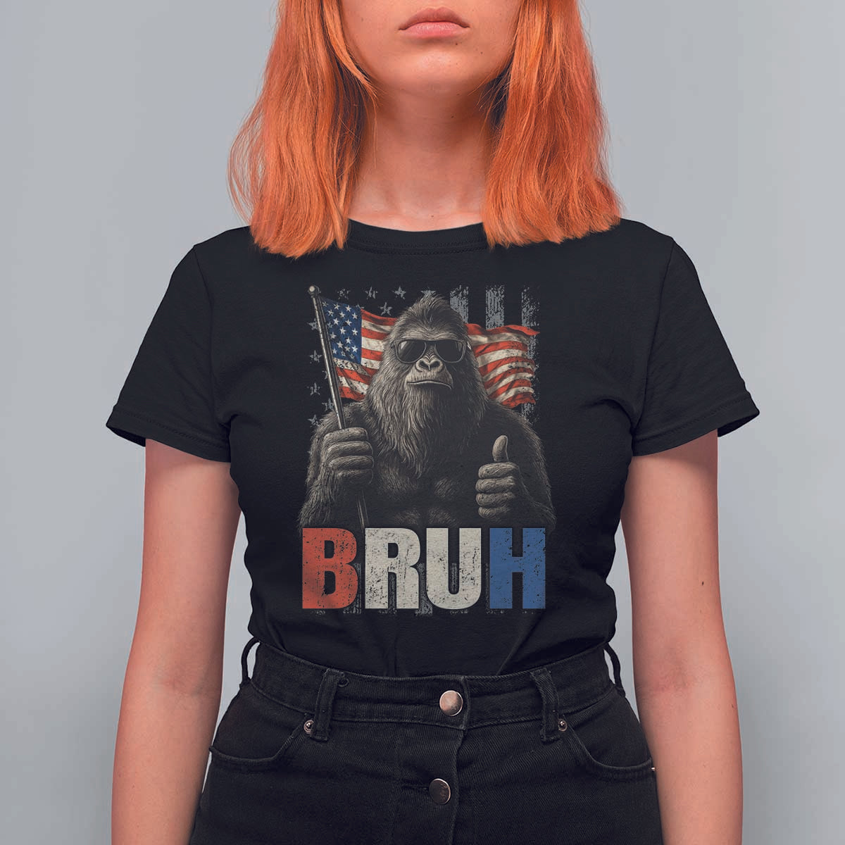 Funny 4th Of July Bigfoot Bruh T Shirt For Women Patriotic Sasquatch American US Flag - Wonder Print Shop