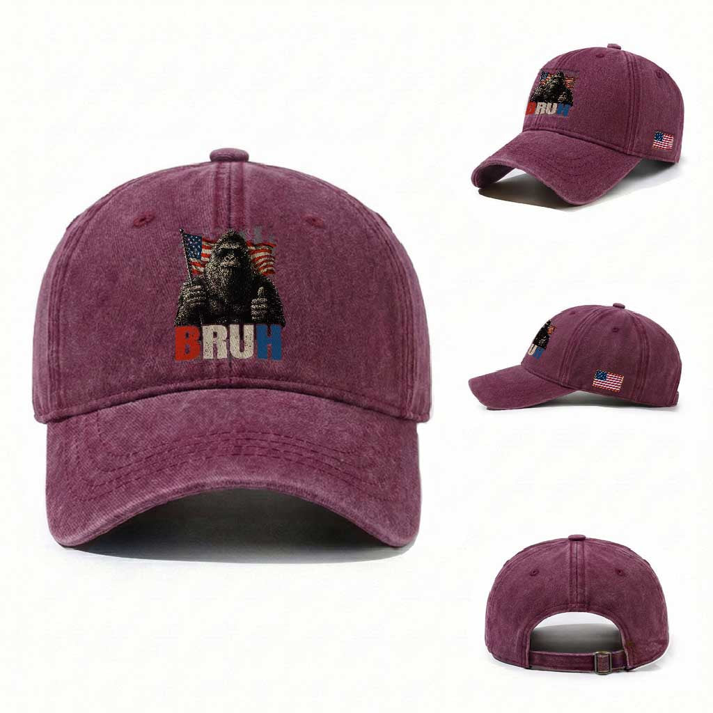 Funny 4th Of July Bigfoot Bruh Washed Cotton Baseball Cap Patriotic Sasquatch American US Flag