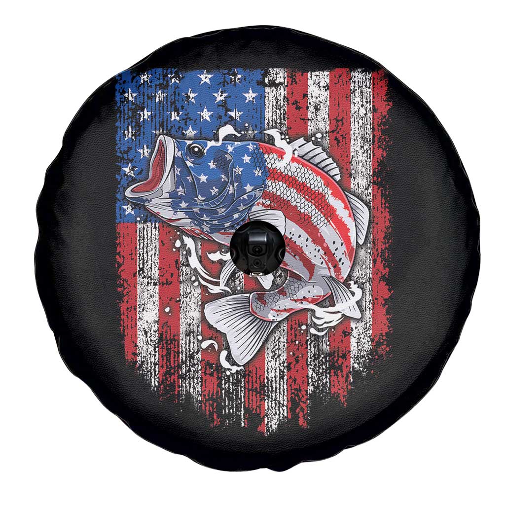 Funny Bass Fish Fishing Vintage American Flag Patriotic Spare Tire Cover - Wonder Print Shop